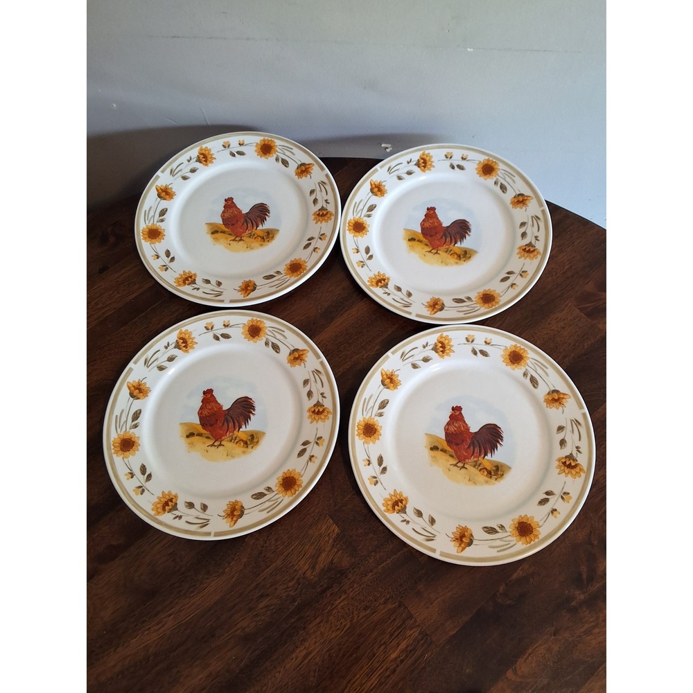 Gibson Housewares Brewster Rooster Sunflower Dinner Plates Set of 4 Farmhouse
